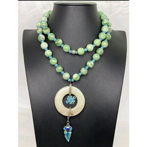 Vintage Long Beaded Real Quartz Pendant Necklace 30"